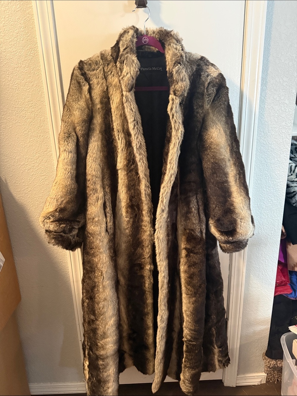 Pamela McCoy Brown Plush Faux Fur Long Coat